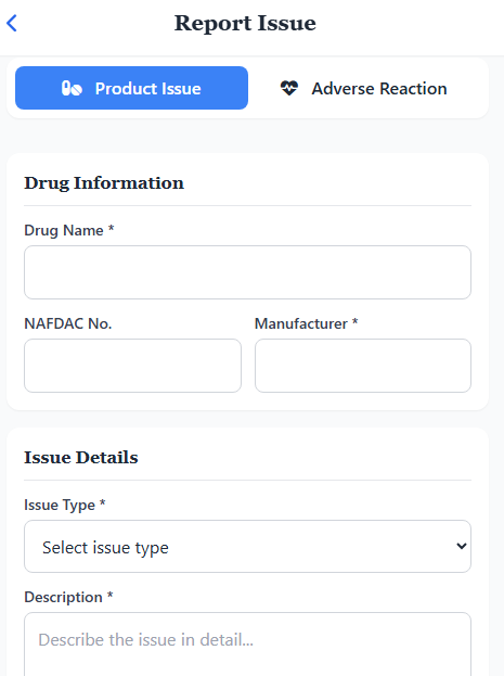 Mobile interface for reporting fake drugs