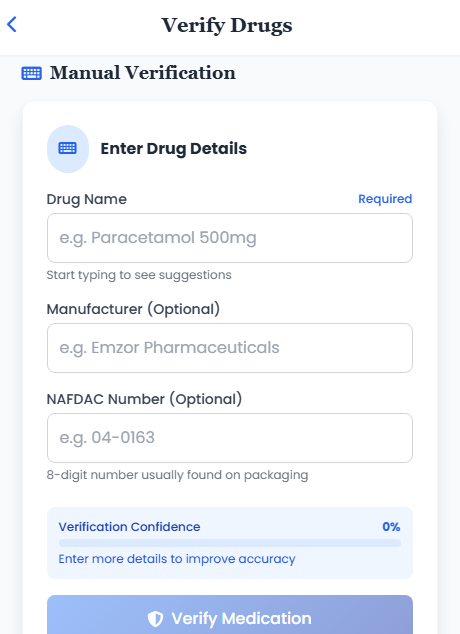 Mobile interface showing drug verification process